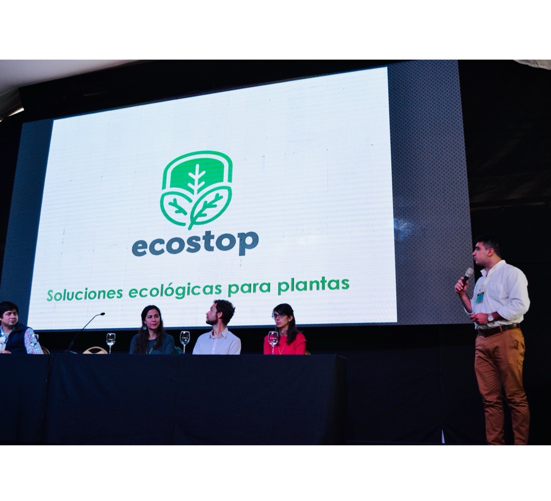 Presentación de Ecostop en un escenario, con el logo proyectado en pantalla gigante